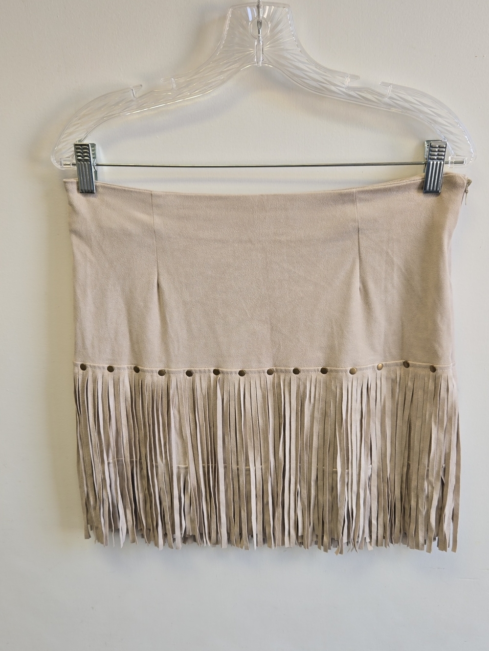 Beige Fringe Mini Skirt - Women's Suede-Feel High Waist